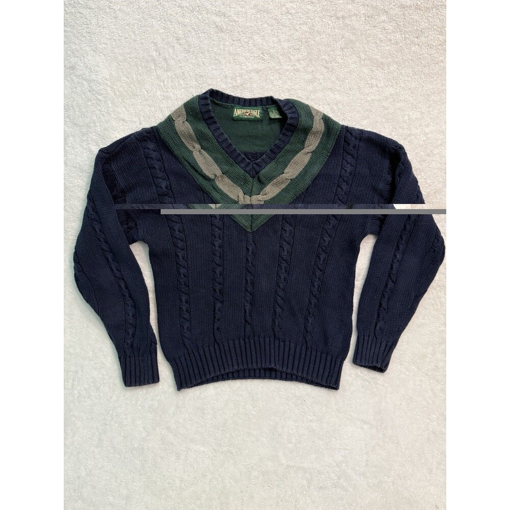 Vintage Y2K American Eagle Fair Isle Cable Knit V Neck Large Heavy Knit GRN/NAVY